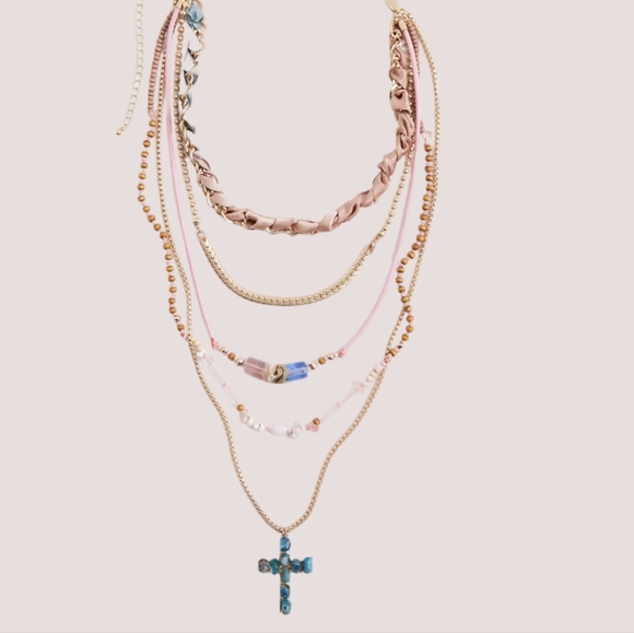 Free People Academia Layered Necklace Gold Cocoa Turquoise Cross - Picture 3 of 5
